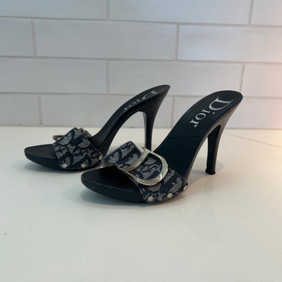 Dior Blue Canvas Logo Detail Slide Sandals - Picture 2 of 11